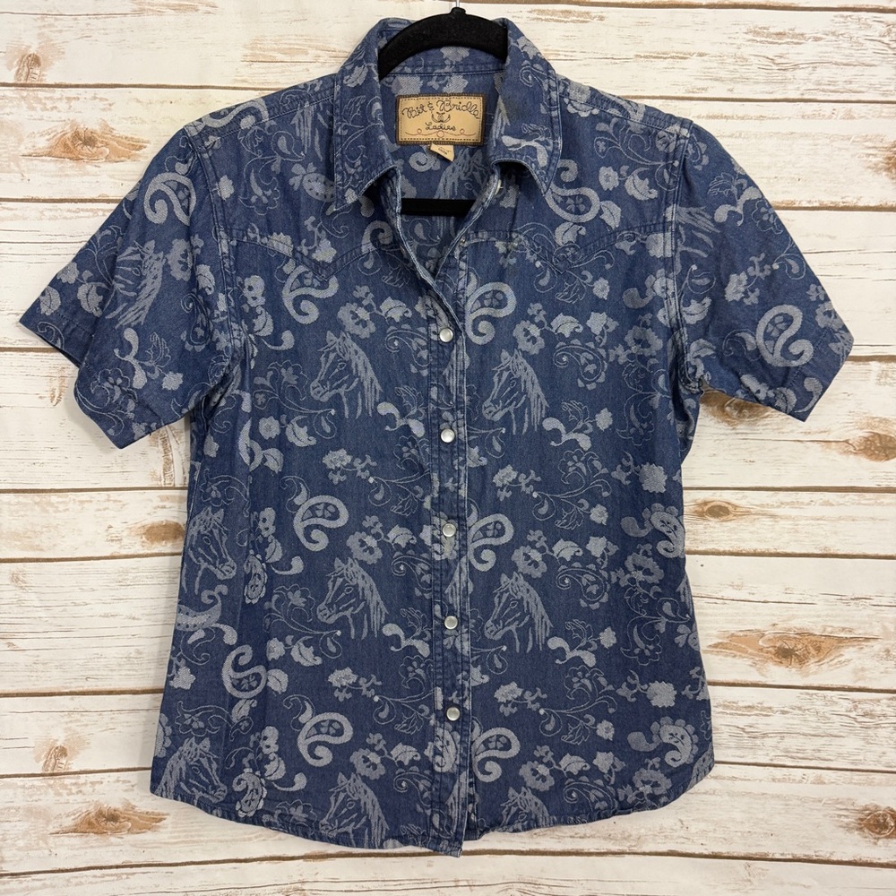 Bit & Bridle Equestrian Western Rodeo Novelty Button Front Blouse